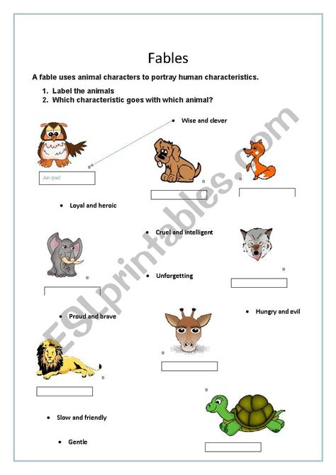 Fables - animals and characteristics - ESL worksheet by calling11