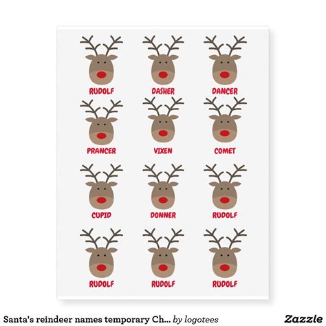 Santa's reindeer names temporary Christmas tattoos | Zazzle | Santas reindeer names, Reindeer ...