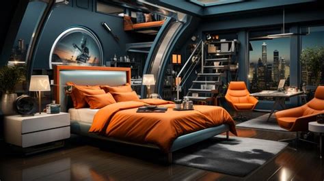 Premium AI Image | Neon orange and blue modern bedroom interior