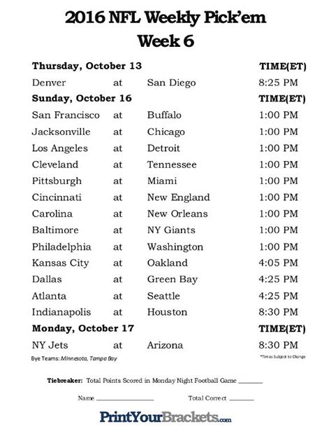 Printable Week 6 NFL Schedule Pick em Sheets | Printable nfl schedule ...