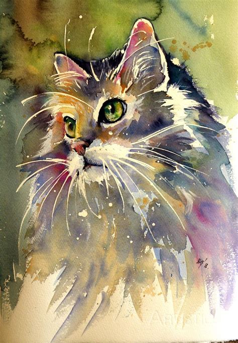 Cute cat- perfect gift idea (2018) Watercolour by Kovács Anna Brigitta ...