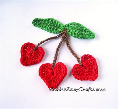 Crochet Heart Cherry Applique, Free Crochet Pattern - GoldenLucyCrafts