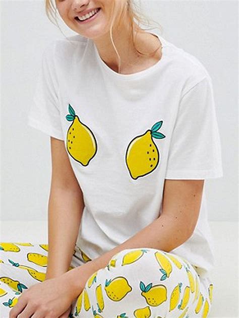 White Cotton Round Neck Lemon Print Chic Women T-shirt | Lemon shirt, T shirts for women, Women