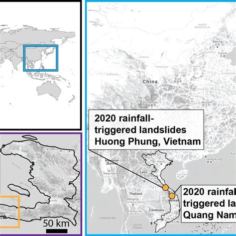 Google terrain map showing the location of landslide case studies ...