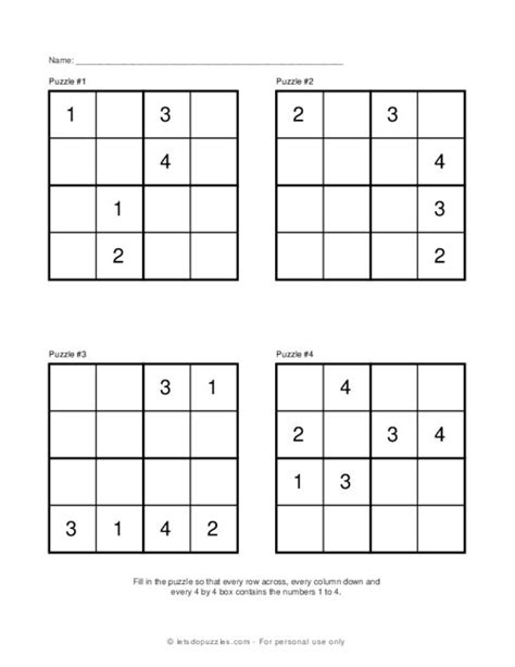 Printable Sudoku Puzzles for Kids - 4x4 - Easy