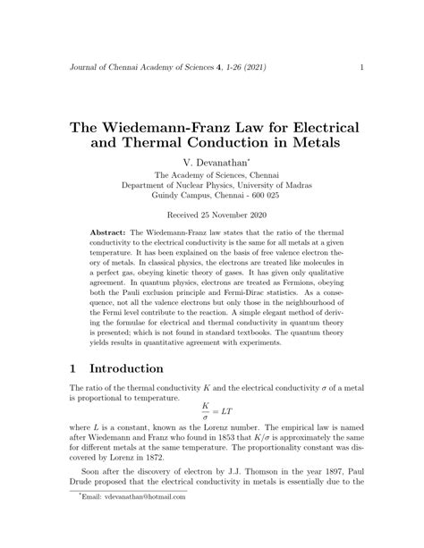 (PDF) The Wiedemann-Franz Law for Electrical and Thermal Conduction in ...