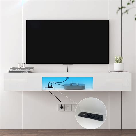 Resenkos Floating TV Stand Wall Mounted with LED Lights and Charging ...