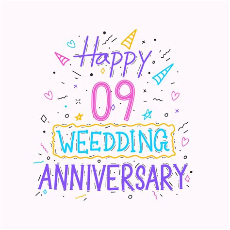 Happy 9th wedding anniversary hand lettering. 9 years anniversary celebration hand drawing ...