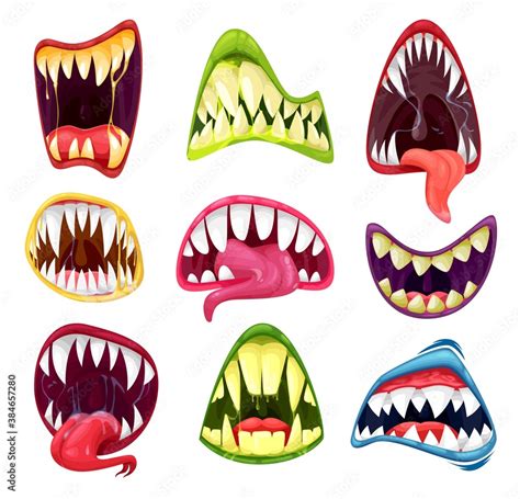 Monster mouths cartoon set of vector Halloween horror holiday. Scary teeth and tongues in mouth ...