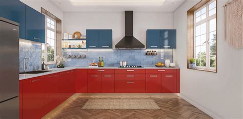 L-Type Kitchen Design with Blue and Red Kitchen, Blue Wall Tiles, and Herringbone Floors ...