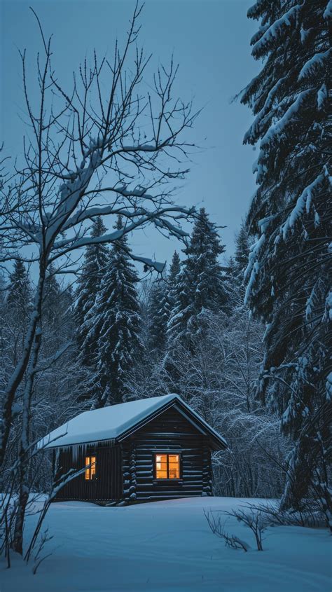 winter cabin in snow, secluded mountain cabin, snowy forest retreat, cozy cabin winter landscape ...