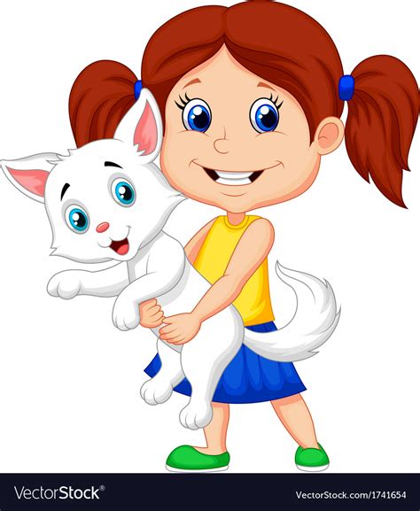 Happy cartoon little girl hugging her pet Vector Image