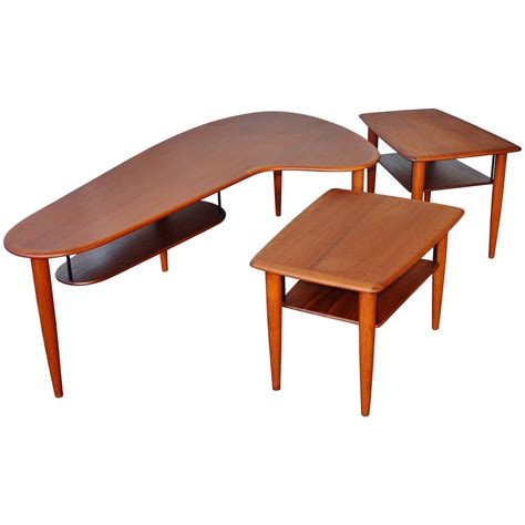 Teak Boomerang Coffee Table and Matching Pair of Side Tables at 1stDibs | boomerang side table