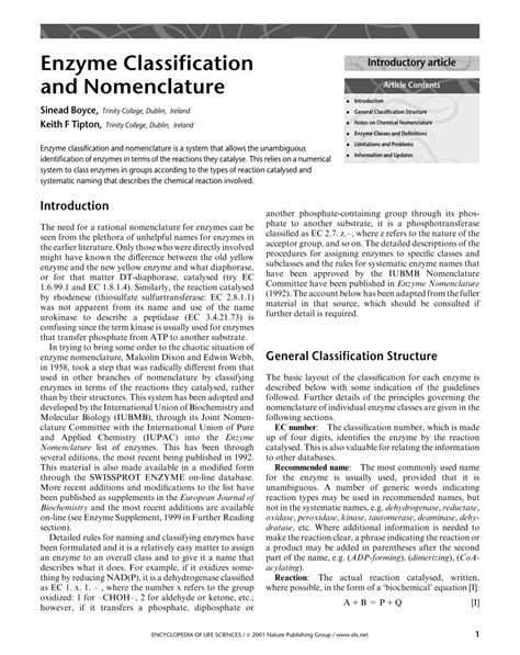 (PDF) Enzyme Classification and Nomenclature