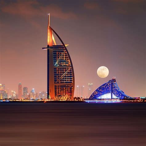 Night View Of Dubai Hotel Zone With Close Up Shot Of The Moon, Dubai ...