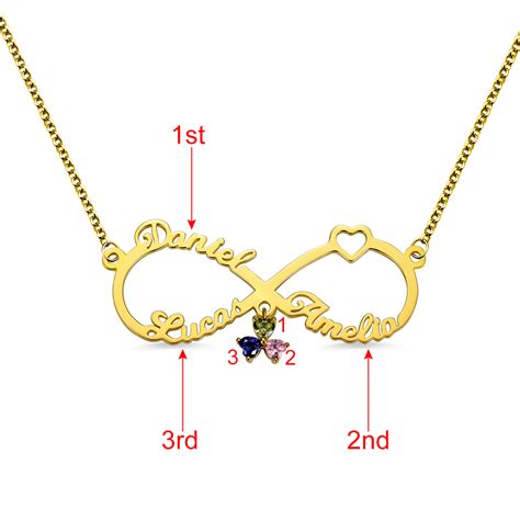 Personalized Infinity 3 Names Necklace with Heart Birthstone in Gold