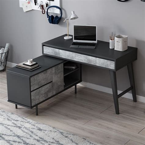 Modern Black L Shaped Desk with Drawers & Storage Rotatable Cabinet ...