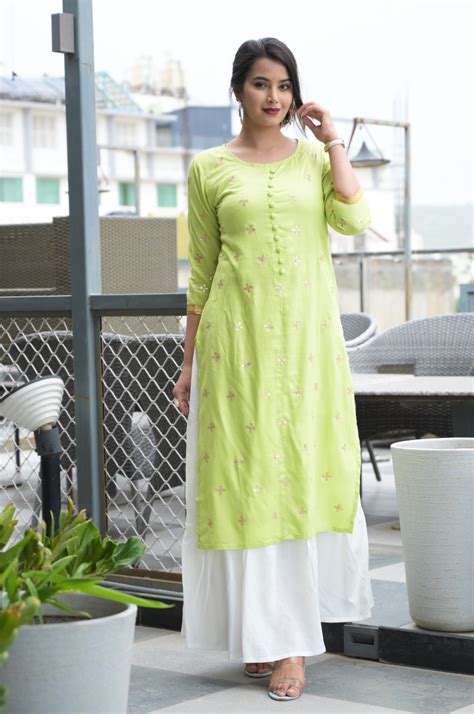 Light green kurti with white skirt - Kurti Fashion