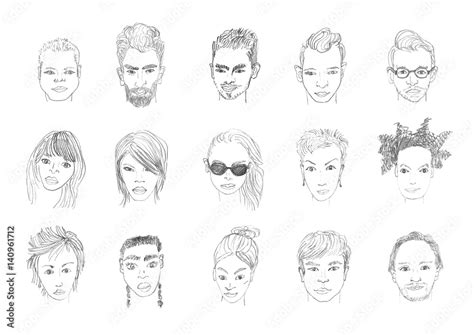 People faces pencil drawing. Men and women faces hand drawing cartoon. Pencil sketching. Stock ...