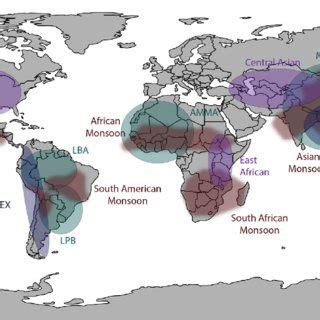 Geographic location of global monsoon regions (dark red shaded areas ...