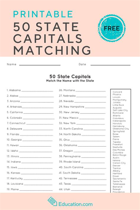 States And Capitals Quiz Printable