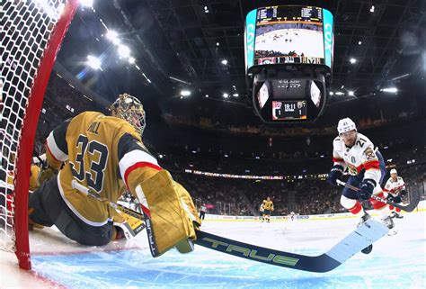 Vegas Golden Knights Goalie Adin Hill saves a shot by Nick Cousin. 2023 ...