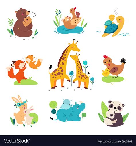 Mom and baby animals cute moms hugging her babies Vector Image