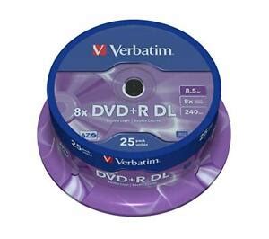 25 Verbatim Logo Dual Layer DVD+R 8x DL Double layer Blank Discs 8.5GB ...