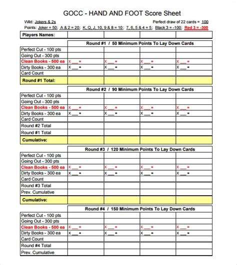 Hand and Foot Score Sheet - 6 Download Free Documents in PDF , Word ...