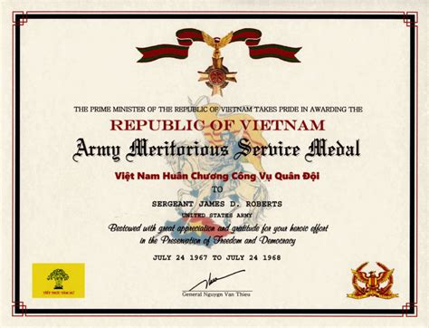 Vietnam Army Meritorious Service Medal Certificate