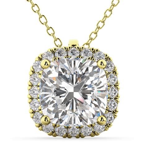 Halo Moissanite Cushion Cut Pendant Necklace 14k Yellow Gold 1.76ct - AD4831