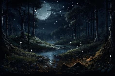 Premium AI Image | a dark forest with a full moon and a path in the night.