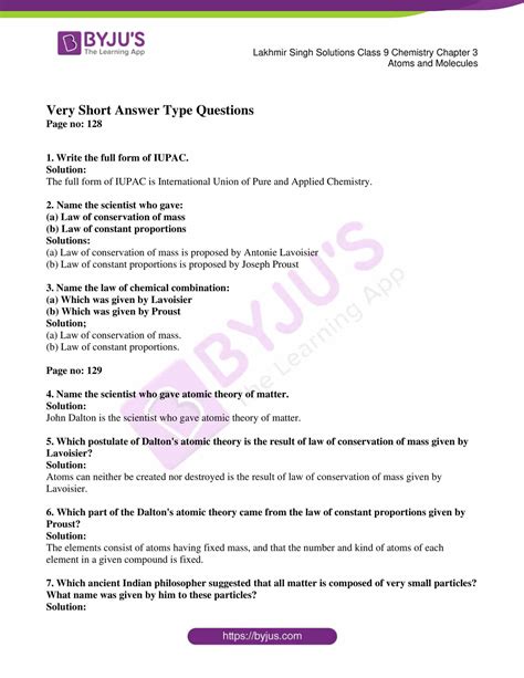 Lakhmir Singh Chemistry Class 9 Solutions For Chapter 3 Atoms and ...