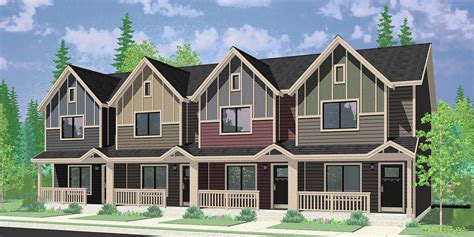 House front color elevation view for F-595 Narrow four plex house plan F-595 | Town house plans ...