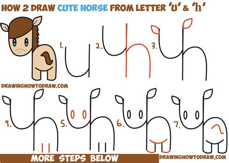 How to Draw a Cute Kawaii / Chibi Horse from Letters and Simple Shapes – Easy Step by Step ...