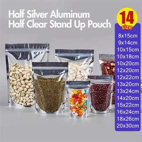 100pcs Half Silver Aluminum Half Clear Stand Up Pouch Packaging Resealable | Shopee Philippines