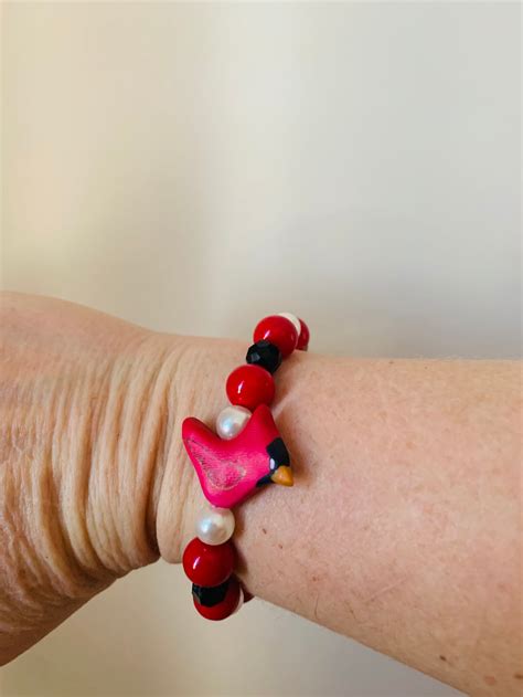 Cardinal Beaded Stretch Bracelet With Cardinal Charm - Etsy