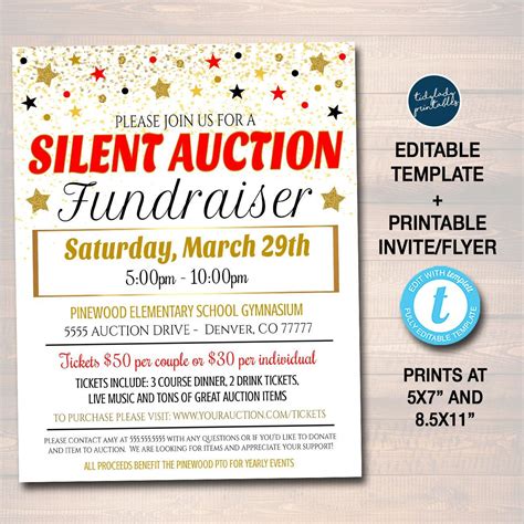 Silent Auction Flyer Ticket Set, Fundraiser Event Signs, School Pto Pta Fundraising, Nonprofit ...