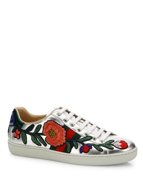 Gucci New Ace Floral-embroidered Metallic Leather Sneakers in Metallic ...