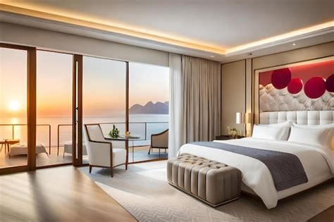 Premium AI Image | A hotel room with a view of the ocean and a large ...