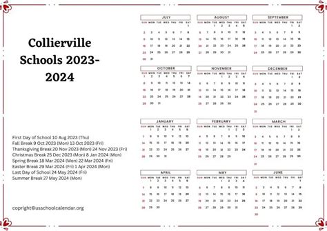 Collierville Schools Calendar with Holidays 2023-2024