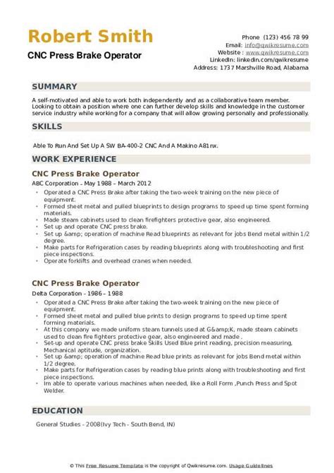 CNC Press Brake Operator Resume Samples | QwikResume