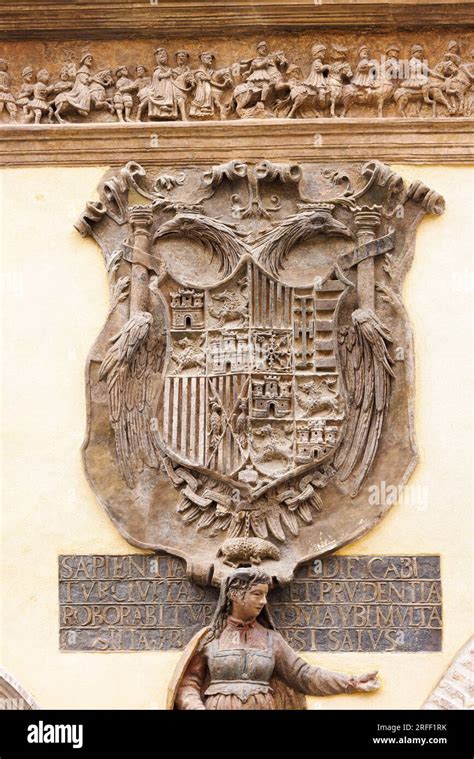 Spain, Aragon, Tarazona, the town hall facade, coat of arms Stock Photo ...