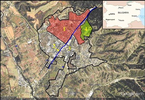 The city of Blagoevgrad and its surroundings. Urban zones: 1 – Densely... | Download Scientific ...