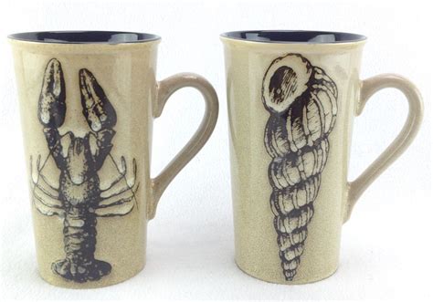 Coffee Mugs Set Of 2 Lobster And Seashell Cups Ocean Theme Large Tall Glass NEW # ...