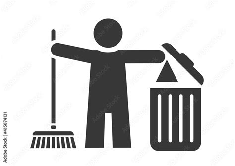 Trash clean up concept - cleaner with dustbin and broom - vector illustration icon on white ...