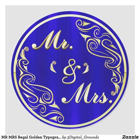 a blue and gold wedding sticker with the word mr and mrs in white on it