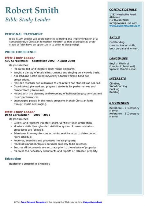 Bible Study Leader Resume Samples | QwikResume