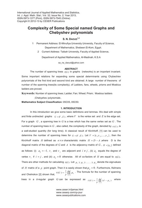 (PDF) Complexity of Some Special named Graphs and Chebyshev polynomials