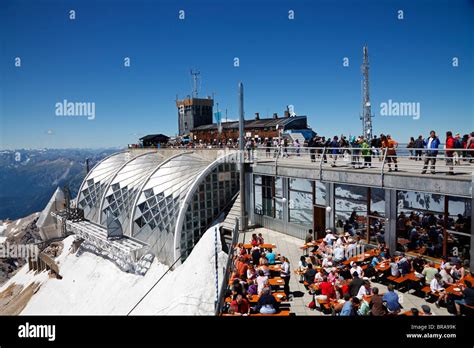 The summit of Zugspitze, Bavaria, Germany, with restaurants, view platforms and cable car ...